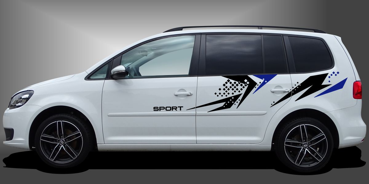 Designfolie Car Sticker in Schwarz und Blau auf weißem VW Touran