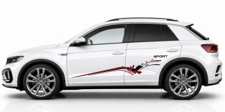 Designfolien in Schwarz und Dunkelrot auf einem weißen VW T-Roc