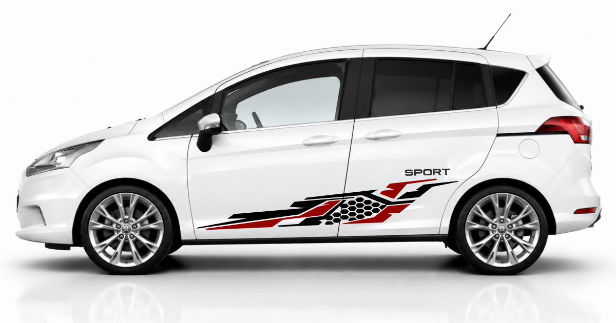 Foliendekor in Schwarz und Dunkelrot auf einem weißen Ford B-Max