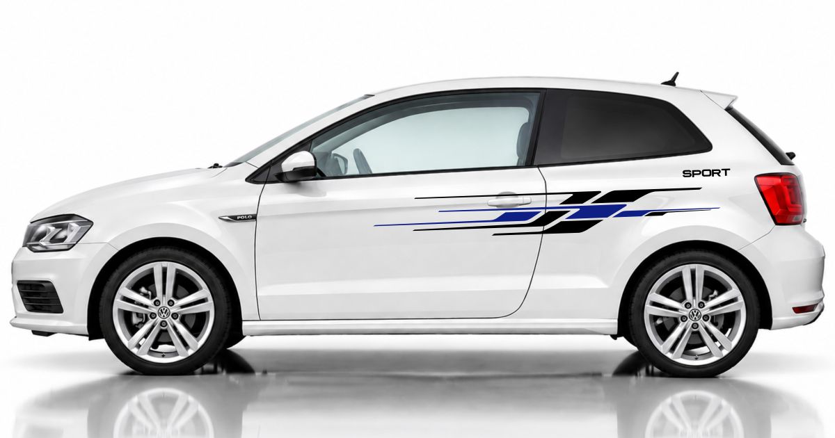 Foliendesign in Schwarz und Blau auf einem weißen VW Polo