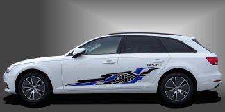 Folierung Seitenstreifen in Schwarz und Blau auf weißem Audi A4 Avant