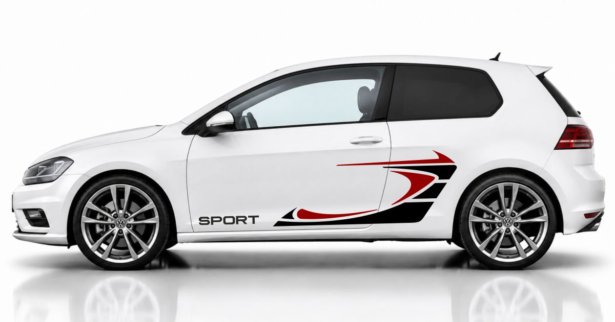 Golf Tuning in Schwarz und Dunkelrot auf einem weißen VW Golf 7