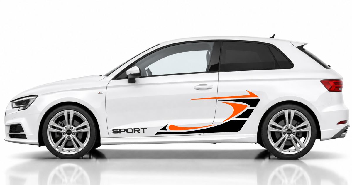 Golf Tuning in Schwarz und Orange auf einem weißen Audi A3 Sportback