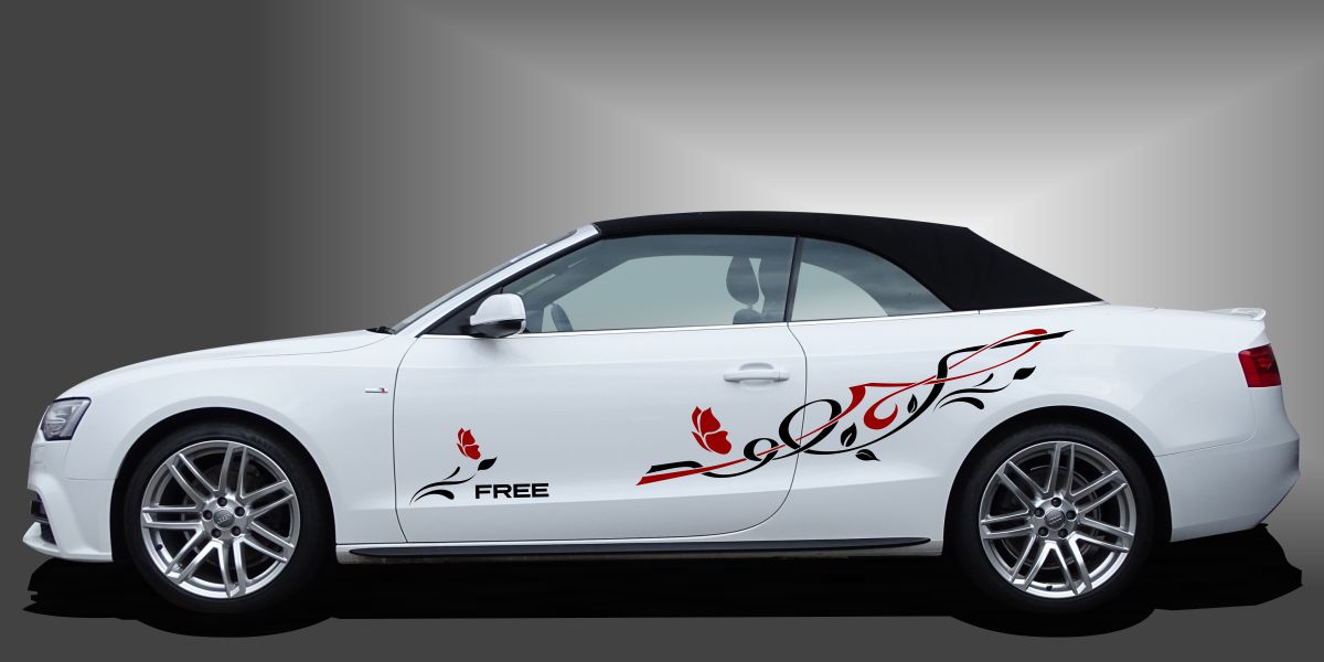 Hawaii Blume in Schwarz und Dunkelrot auf weißem Audi A3 Cabrio