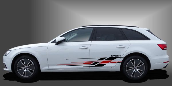 Karosserie Aufkleber in Schwarz und Dunkelrot auf weißem Audi A4 Avant