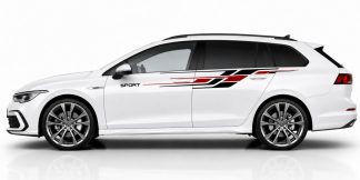 Karosserie Aufkleber in Schwarz und Dunkelrot auf einem weißen Golf 8 Variant