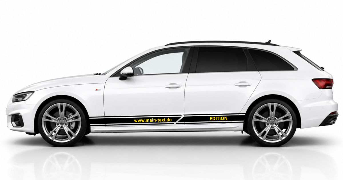 Karosseriestreifen am Auto in Schwarz und Gelb auf einem weißen Audi A4 Avant