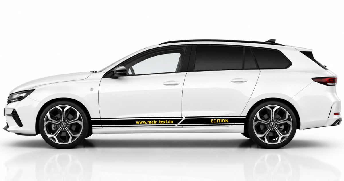 Karosseriestreifen am Auto in Schwarz und Gelb auf einem weißen Opel Astra SportsTourer
