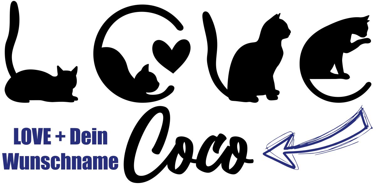 Katze Sticker Love als originelles und kreatives Sticker-Motiv in Schwarz auf weißer glatter Fläche