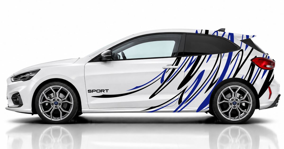 Kfz Aufkleber in Schwarz und Blau auf einem weißen Ford Focus