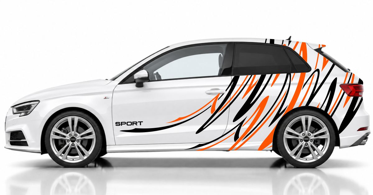 Kfz Aufkleber in Schwarz und Orange auf einem weißen Audi A3 Sportback