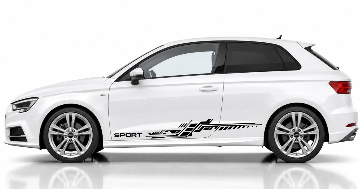 Klebefolie in Schwarz auf einem weißen Audi A3 Sportback