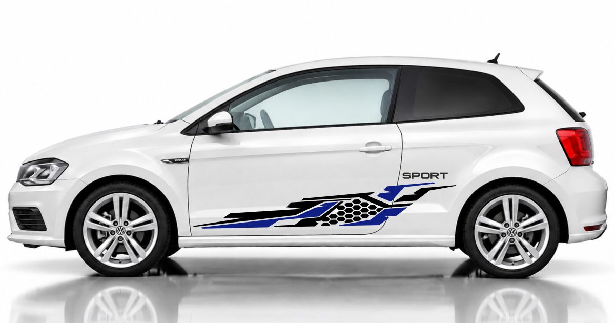 Klebefolien PKW in Schwarz und Blau auf einem weißen VW Polo