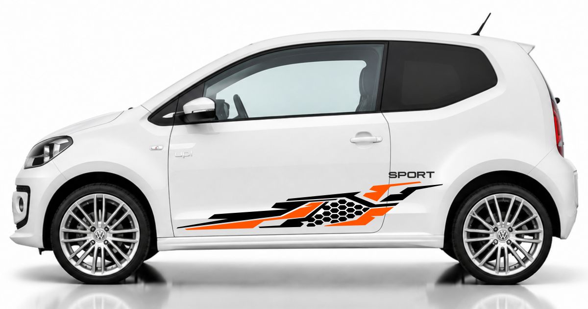 Klebefolien PKW in Schwarz und Orange auf einem weißen VW UP