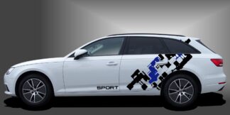 Klebetattoo Auto in Schwarz und Blau auf weißem Audi A4 Avant