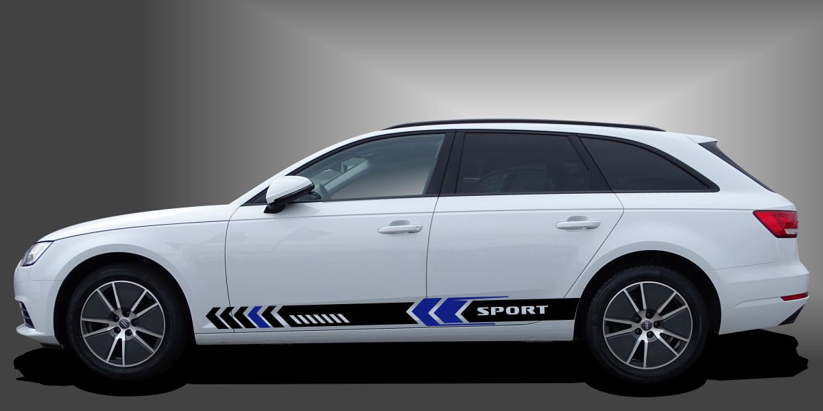 PKW Zierstreifen in Schwarz und Blau auf weißem Audi A4 Avant