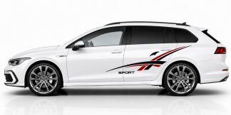 Racing Klebefolie in Schwarz und Dunkelrot auf einem weißen Golf 8 Variant