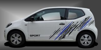 Racing in Schwarz und Blau auf weißem VW UP