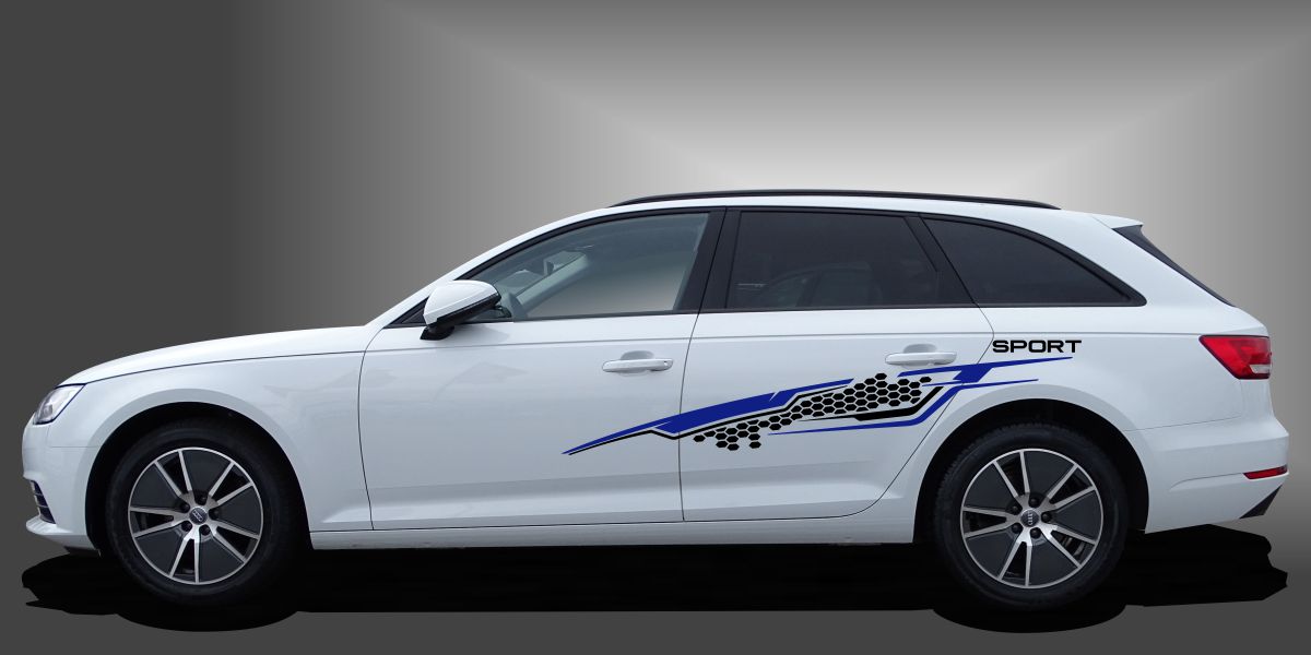 Racing Tuning Streifen in Schwarz und Blau auf weißem Audi A4 Avant