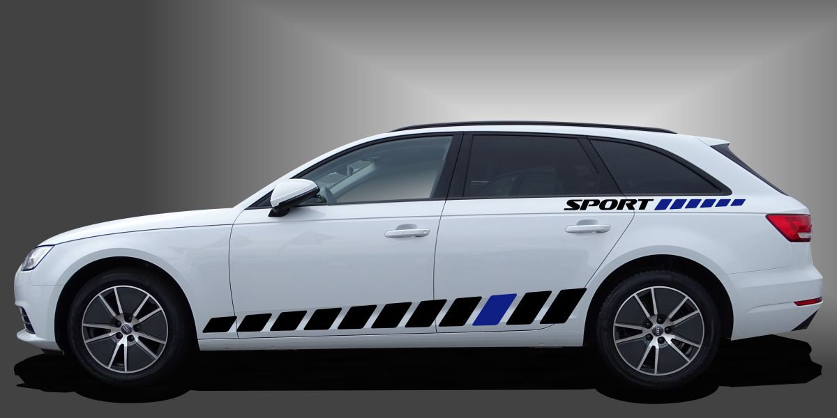 Racingstreifen in Schwarz und Blau auf weißem Audi A4 Avant