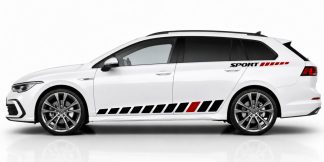 Racingstreifen in Schwarz und Dunkelrot auf einem weißen Golf 8 Variant
