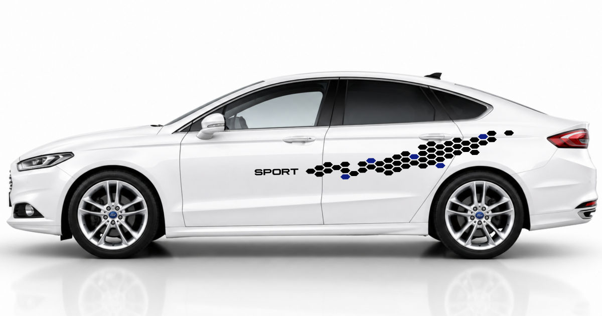 Rallye Streifen Karo in Schwarz und Blau auf einem weißen Ford Mondeo