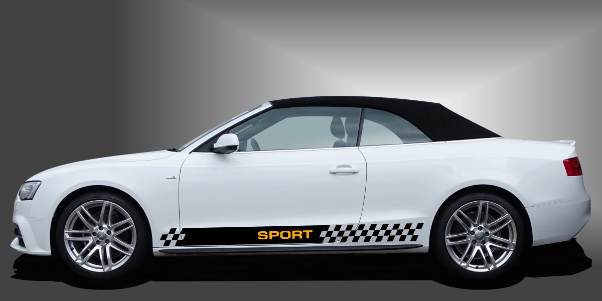 Rallyestreifen am Auto in Schwarz und Dunkelgelb auf weißem Audi A3 Cabrio