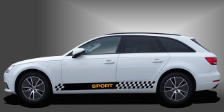 Rallyestreifen Auto in Schwarz und Dunkelgelb auf weißem Audi A4 Avant