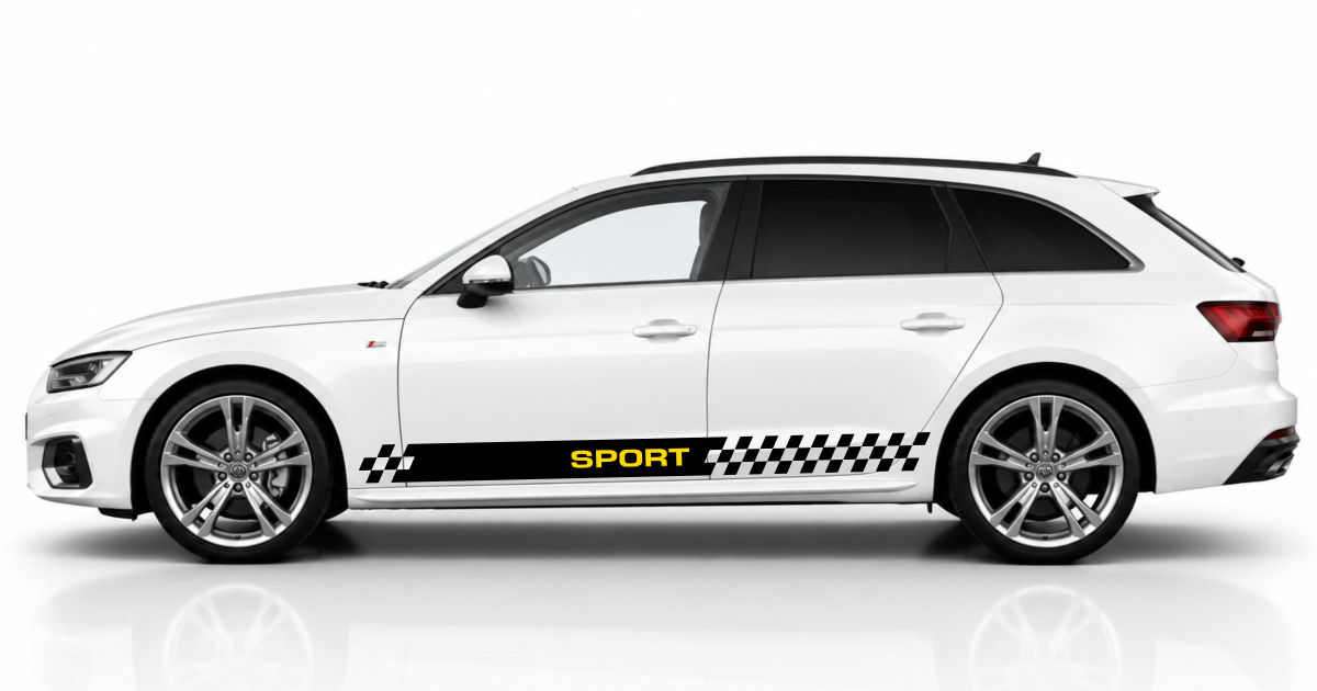 Rallyestreifen Auto in Schwarz und Gelb auf einem weißen Audi A4 Avant