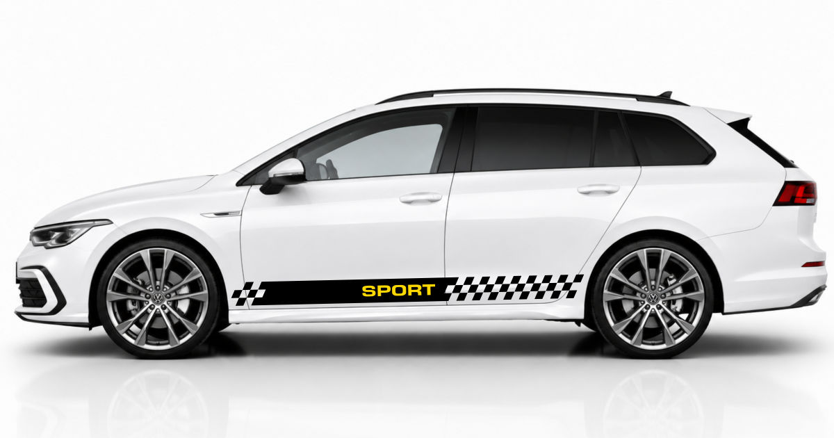 Rallyestreifen Auto in Schwarz und Gelb auf einem weißen Golf 8 Variant