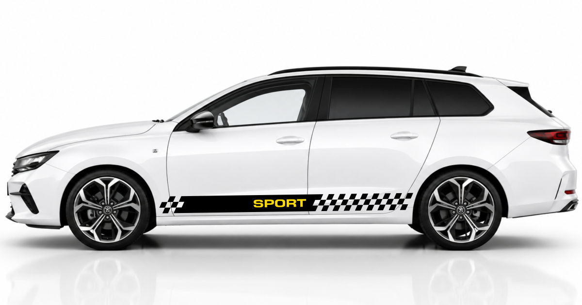 Rallyestreifen Auto in Schwarz und Gelb auf einem weißen Opel Astra SportsTourer