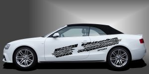 Reifenspur Aufkleber in Schwarz auf weißem Audi A3 Cabrio