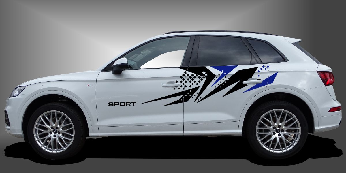 Rennstreifen Car Sticker in Schwarz und Blau auf weißem Audi Q5