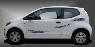 Seiten Aufkleber in Schwarz und Blau auf weißem VW UP