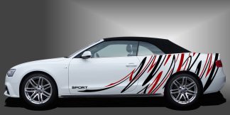 Seitenaufkleber Auto als sportliche und ausgefallene Autofolie in Schwarz und Dunkelrot auf weißem Audi A3 Cabrio