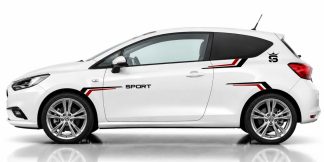 Seitenaufkleber Auto Streifen in Schwarz und Dunkelrot auf einem weißen Opel Corsa