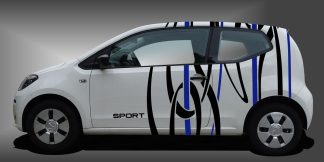 Seitenaufkleber für Autos als sportliche, imposante Autofolie in Schwarz und Blau auf weißem VW UP