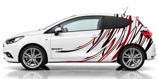 Seitenaufkleber in Schwarz und Dunkelrot auf einem weißen Opel Corsa