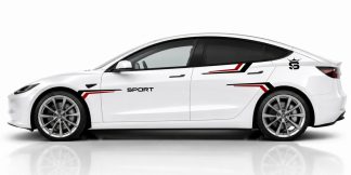 Seitenaufkleber sportlich in Schwarz und Dunkelrot auf einem weißen Tesla Model 3