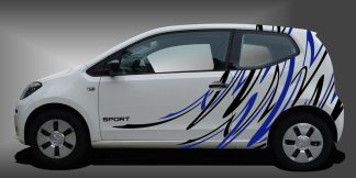 Seitenaufkleber als sportlicher und origineller Zierstreifen in Schwarz und Blau auf weißem VW UP