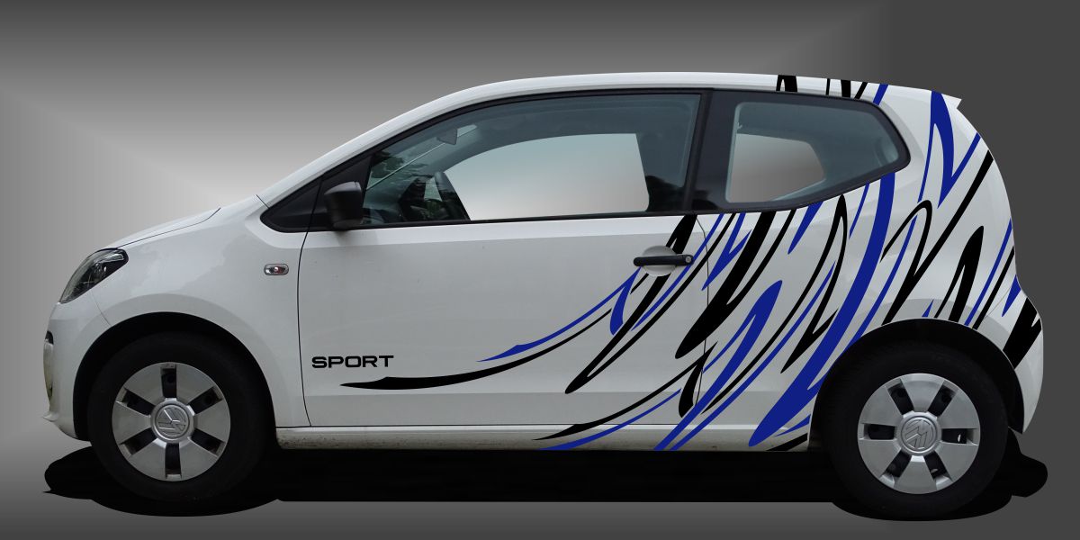 Seitenaufkleber als sportlicher und origineller Zierstreifen in Schwarz und Blau auf weißem VW UP