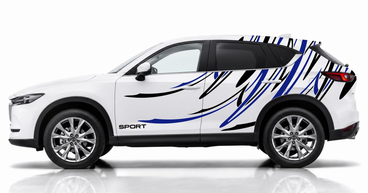 Seitenaufkleber SUV in Schwarz und Blau auf einem weißen Mazda CX-5