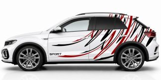 Seitenaufkleber SUV in Schwarz und Dunkelrot auf einem weißen VW T-Roc