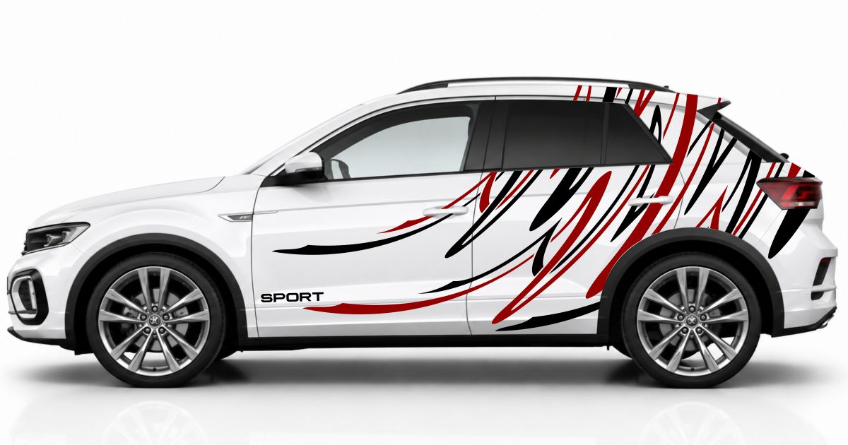 Seitenaufkleber SUV in Schwarz und Dunkelrot auf einem weißen VW T-Roc
