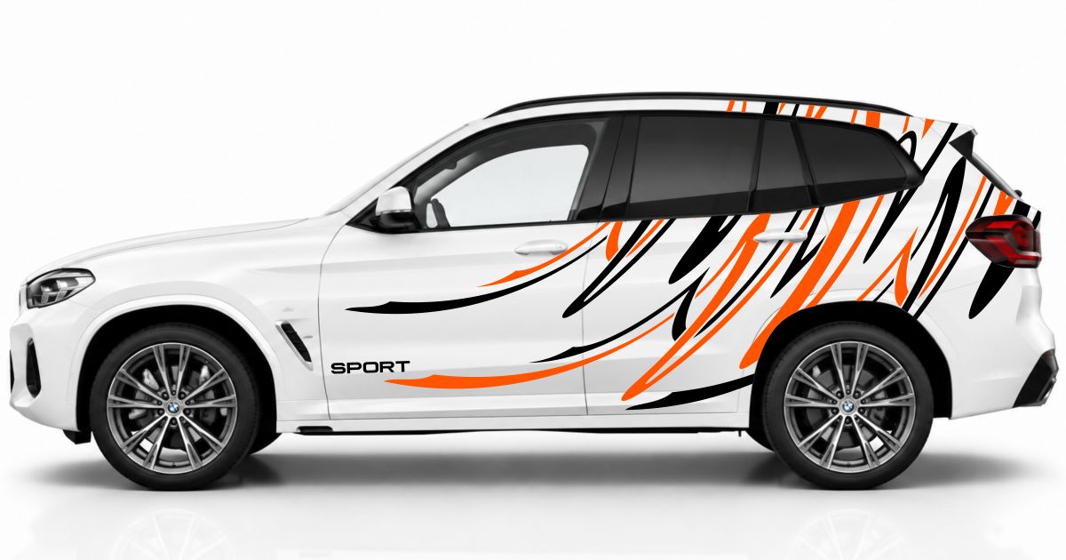 Seitenaufkleber SUV in Schwarz und Orange auf einem weißen BMW X3