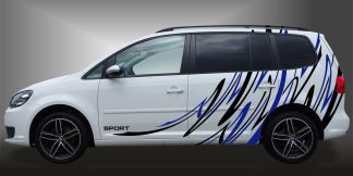 Seitenaufkleber Van als sportlicher und kreativer Autosticker in Schwarz und Blau auf weißem VW Touran