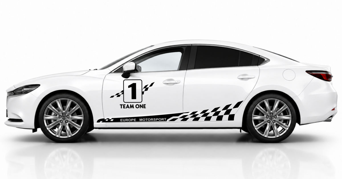 Seitendekor Auto in Schwarz auf einem weißen Mazda 6