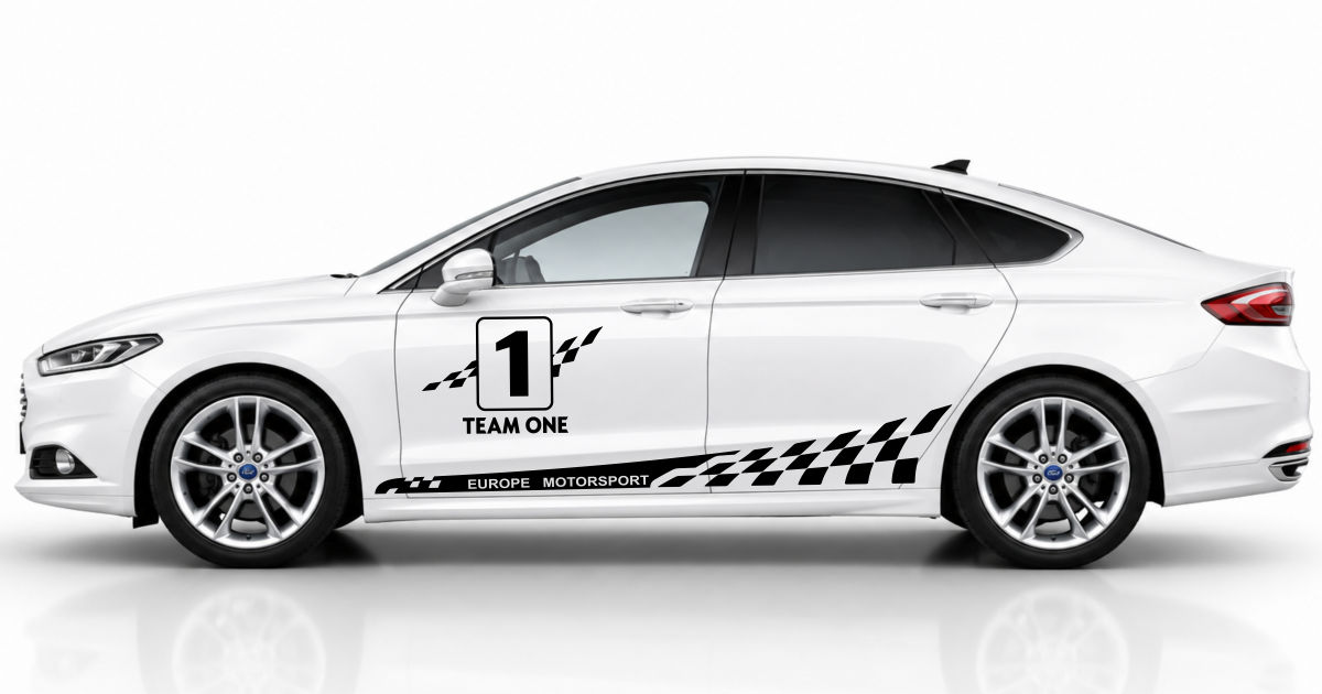 Seitendekor Auto in Schwarz auf einem weißen Ford Mondeo