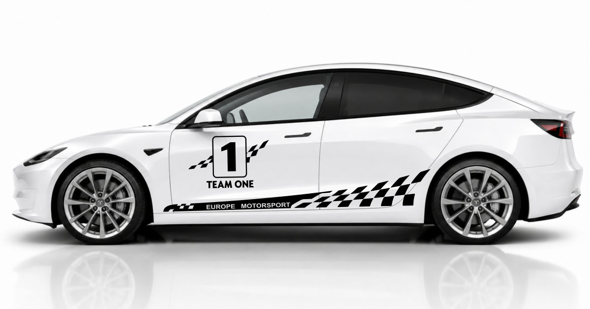 Seitendekor Auto in Schwarz auf einem weißen Tesla Model 3