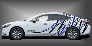 Seitendekor für Auto als sportliche und ausgefallene Autofolie in Schwarz und Blau auf weißem Mazda 6
